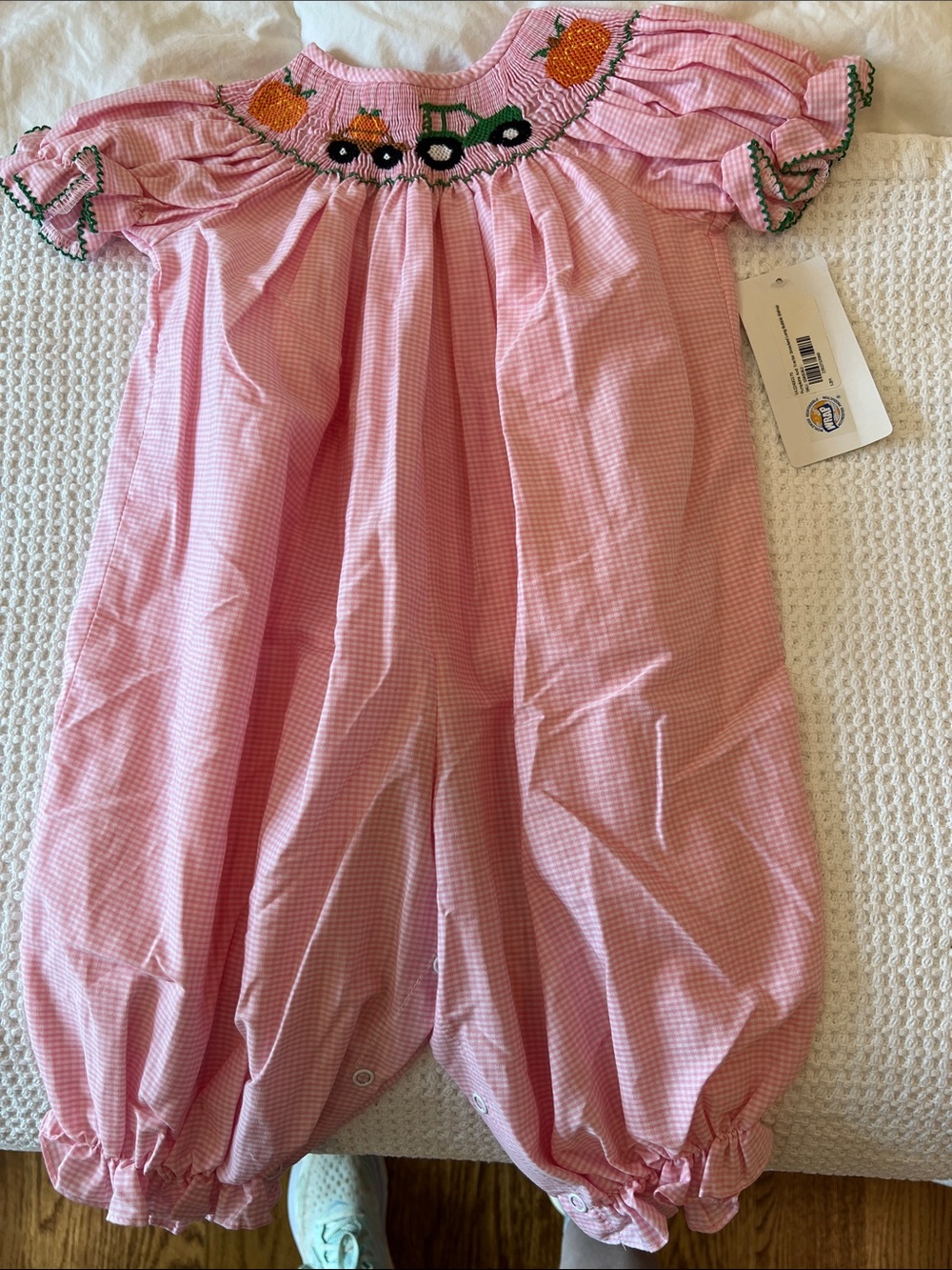 NWT Fall Pink Smocked Pumpkin & Tractor One-Piece for Kids